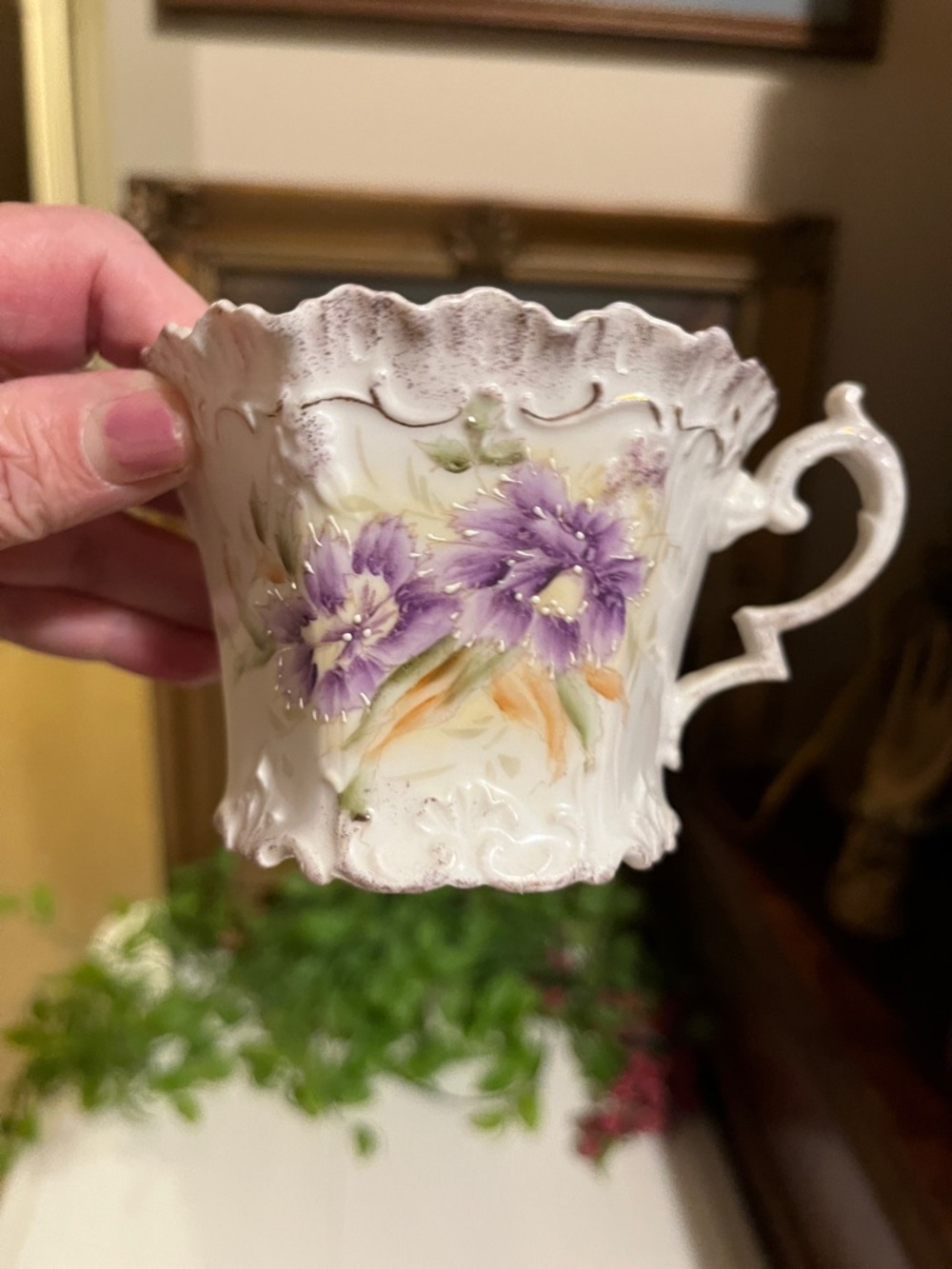 Cup Moriage Ornate Purp Floral Gold Trim RS PRUSSIA Antique 1890-1920 Star Mark